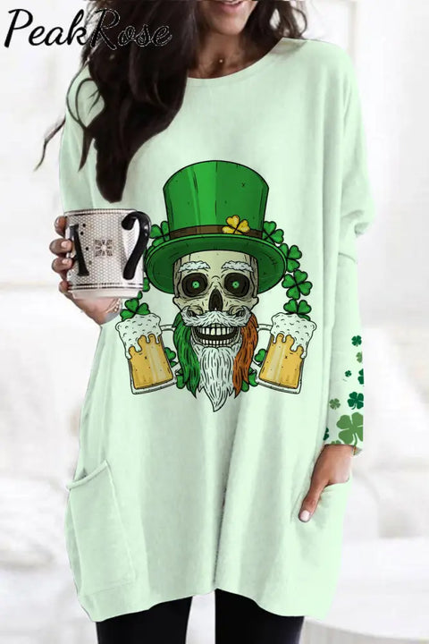 Skull Green Hat Four Leaf Clover Tunic With Pockets