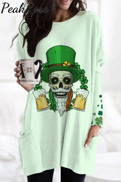 Skull Green Hat Four Leaf Clover Tunic With Pockets S /