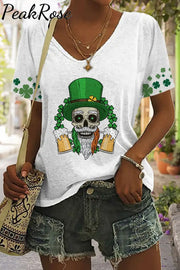 Skull Green Hat Four Leaf Clover V Neck T-Shirt