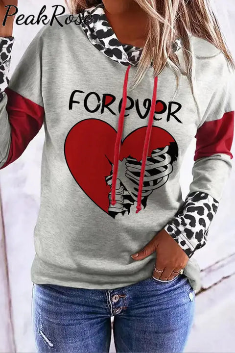 Skull Heart For Ever Leopard High Neck Sheath Casual Hoodie Red / S