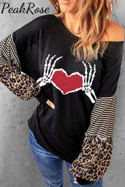 Skull Heart Leopard Striped Round Neck Casual Sweatshirt