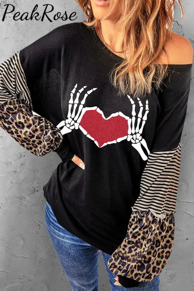 Skull Heart Leopard Striped Round Neck Casual Sweatshirt S / Black