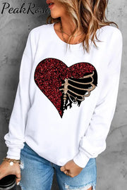 Skull Heart Round Neck Shift Casual Sweatshirt S / White