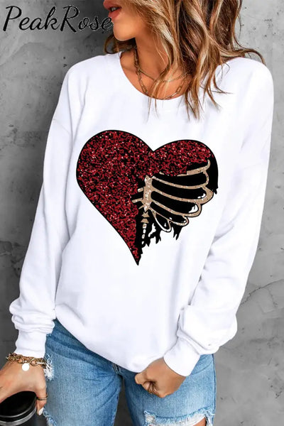 Skull Heart Round Neck Shift Casual Sweatshirt S / White