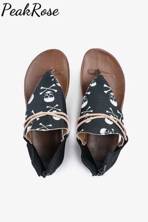 Skull Print Clip Toe Flat Sandals