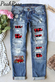 Small Town Christmas Truck Western Plaid Print Denim Jeans