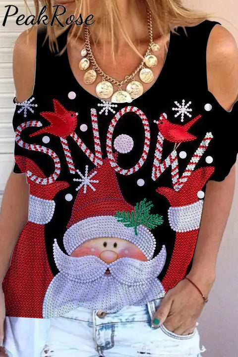 Snow Stamping Rhinestone Santa Claus Print Cold Shoulder T-Shirt T-Shirt