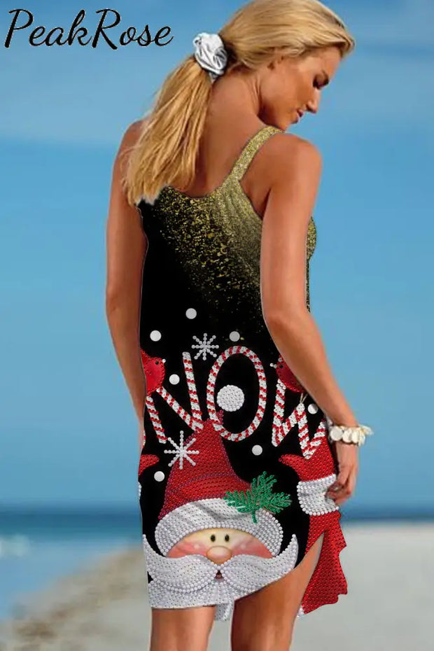 Snow Stamping Rhinestone Santa Claus Print Sleeveless Dress