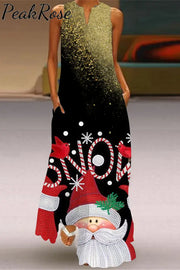 Snow Stamping Rhinestone Santa Claus Print Sleeveless Maxi Dress S / Black