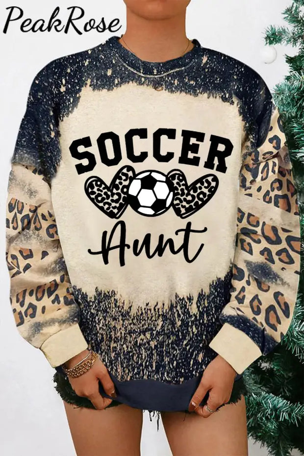 Soccer Aunt Heart Leopard Bleached Print Sweatshirt