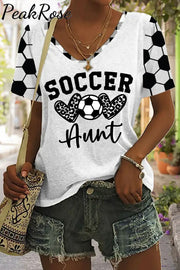 Soccer Aunt Heart Plaid Print V-Neck T-Shirt T-Shirt