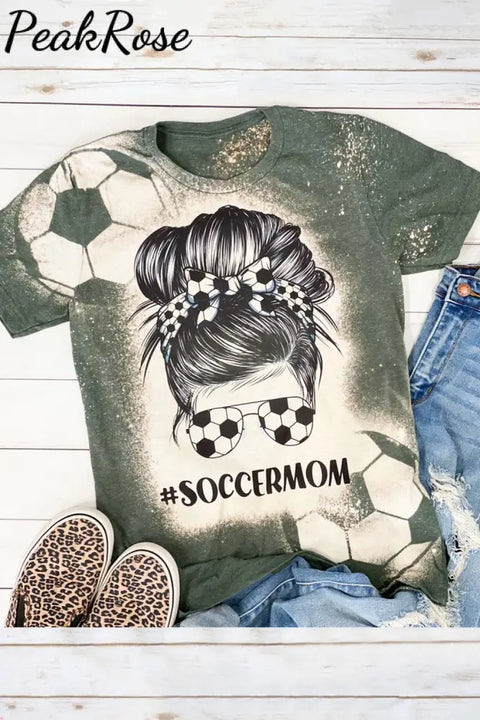 Soccer Ball Mom Messy Bun Bleached Print T-Shirt Green / S T-Shirt