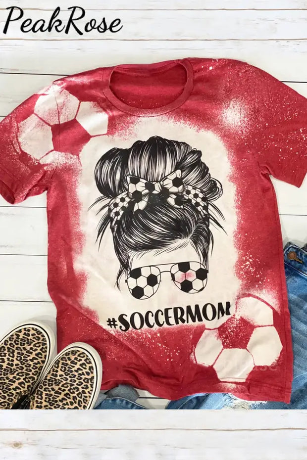 Soccer Ball Mom Messy Bun Bleached Print T-Shirt Red / S T-Shirt