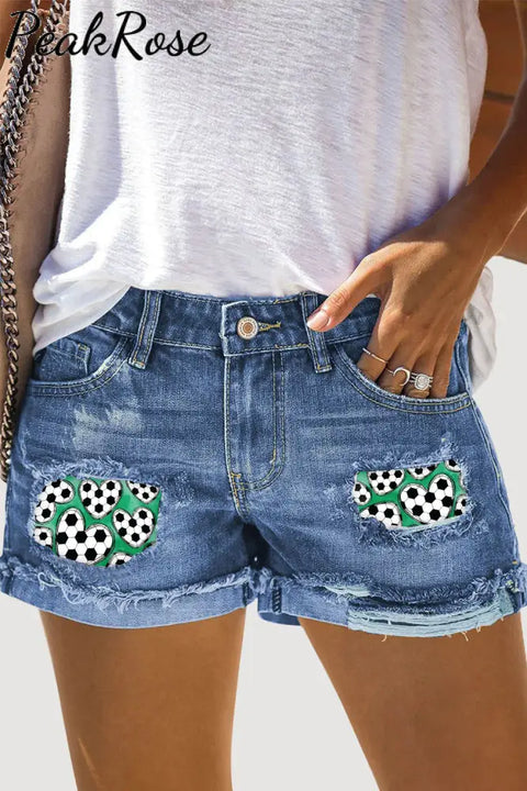 Soccer Ball Mom Print Denim Shorts