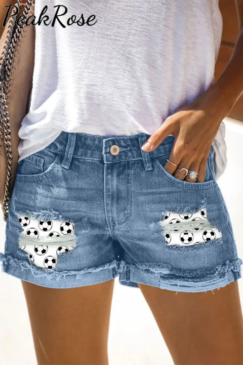 Soccer Ball Mom Print Denim Shorts