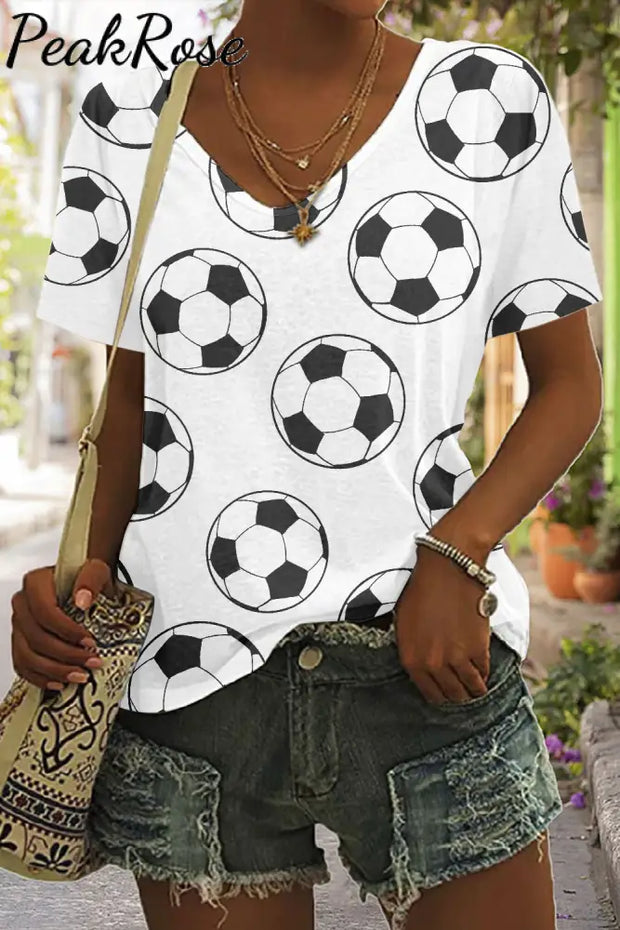 Soccer Ball Print V-Neck T-Shirt S / White T-Shirt