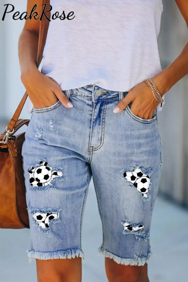 Soccer Balls Print Denim Shorts Bermuda