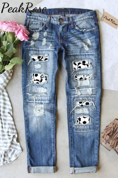 Soccer Balls Print Ripped Denim Jeans