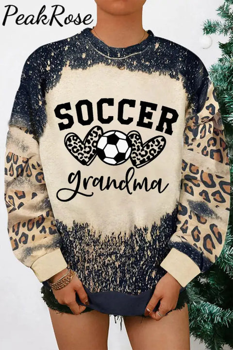 Soccer Grandma Heart Leopard Bleached Print Sweatshirt