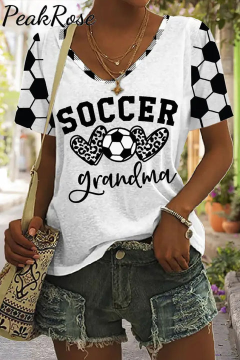 Soccer Grandma Heart Plaid Print V-Neck T-Shirt S / White T-Shirt