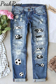 Soccer Heart Print Ripped Denim Jeans