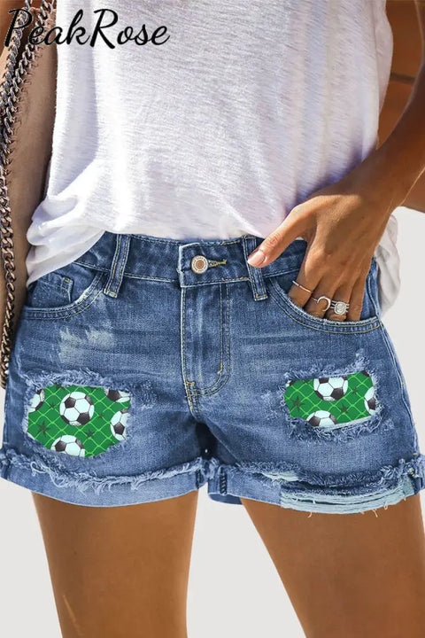 Soccer Heart Print Ripped Denim Shorts