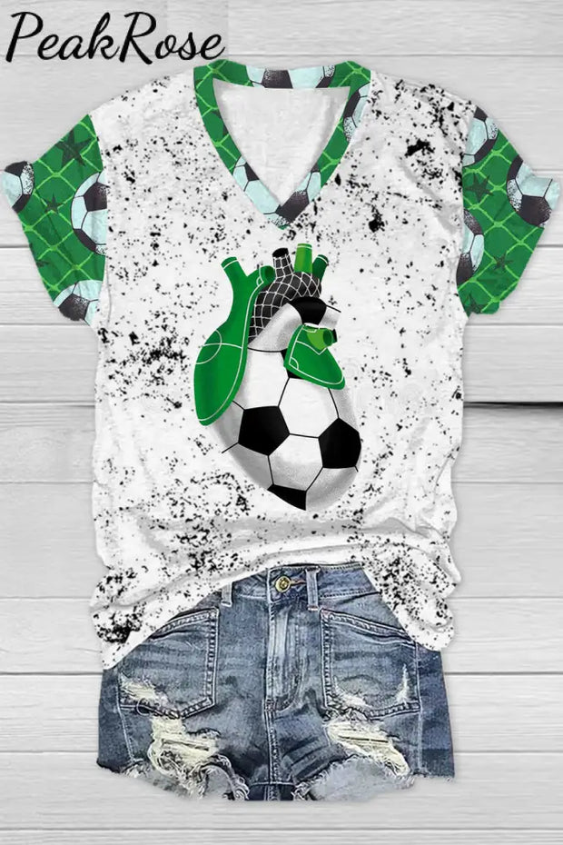 Soccer Heart Print V Neck T-Shirt T-Shirt