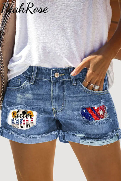 Soccer Mom 4Th July Print Ripped Denim Shorts