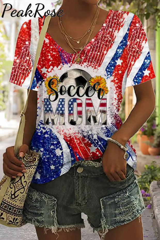 Soccer Mom 4Th July Print Tie-Dye V Neck T-Shirt T-Shirt