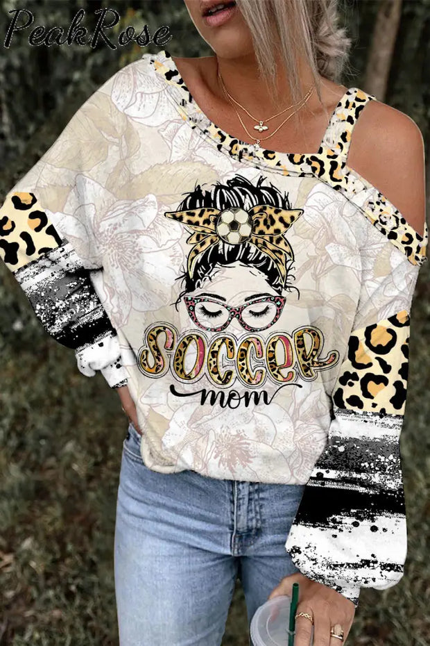 Soccer Mom Fashion Girl Head Portrait Leopard Print Black & White Ink Off-Shoulder Blouse