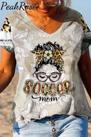 Soccer Mom Fashion Girl Head Portrait Leopard Print Black & White Ink V Neck T-Shirt T-Shirt