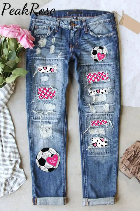 Soccer Mom In Heart Print Ripped Denim Jeans