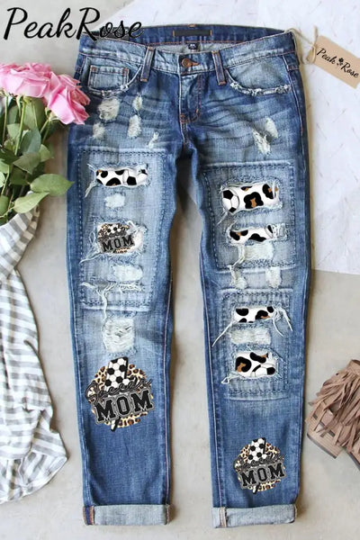 Soccer Mom Lightening Print Ripped Denim Jeans