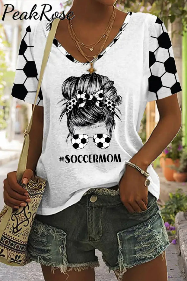 Soccer Mom Messy Bun Plaid Print V-Neck T-Shirt T-Shirt