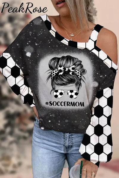 Soccer Mom Messy Bun Print Bleached Off-Shoulder Blouse S / Black