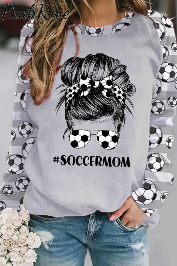 Soccer Mom Messy Bun Striped Print Sweatshirt S / Grey