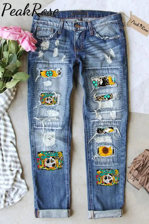 Soccer Mom Print Ripped Denim Jeans