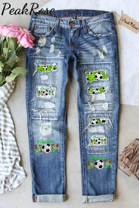 Soccer Mom Print Ripped Denim Jeans