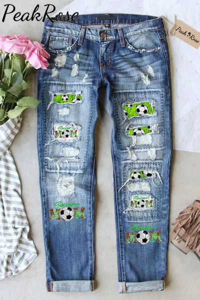 Soccer Mom Print Ripped Denim Jeans