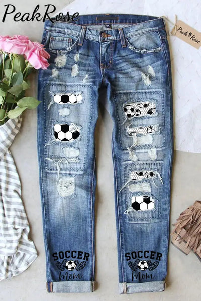 Soccer Mom Print Ripped Denim Jeans S / Blue