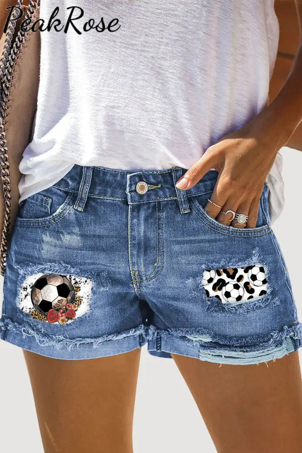 Soccer Rose Leopard Print Ripped Denim Shorts