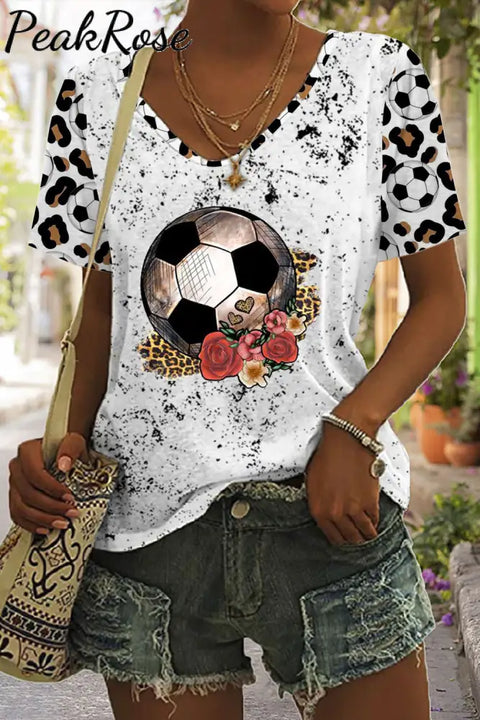 Soccer Rose Leopard Print Tie-Dye V Neck T-Shirt T-Shirt