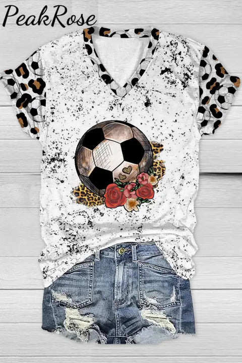 Soccer Rose Leopard Print V Neck T-Shirt T-Shirt