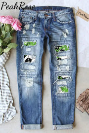 Soccer Splash Ink Green Oil Color Printing And Dyeing Denim Jeans