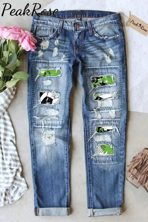 Soccer Splash Ink Green Oil Color Printing And Dyeing Denim Jeans