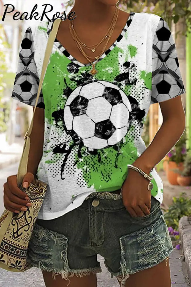 Soccer Splash Ink Green Oil Color Printing And Dyeing Print V-Neck T-Shirt T-Shirt