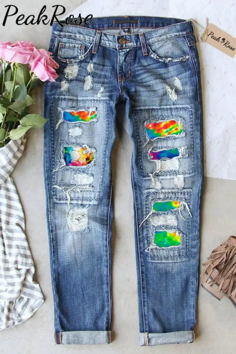 Soccer Tie Dye Print Ripped Denim Jeans