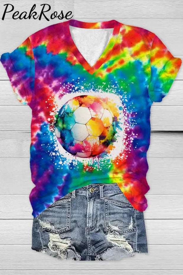 Soccer Tie Dye Print V Neck T-Shirt T-Shirt