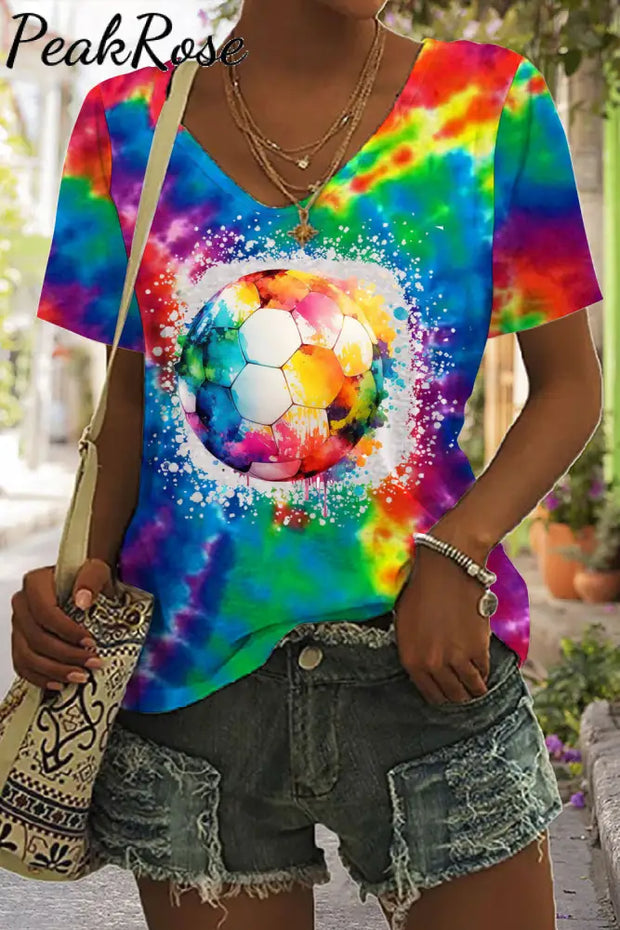 Soccer Tie Dye Print Tie-Dye V Neck T-Shirt T-Shirt