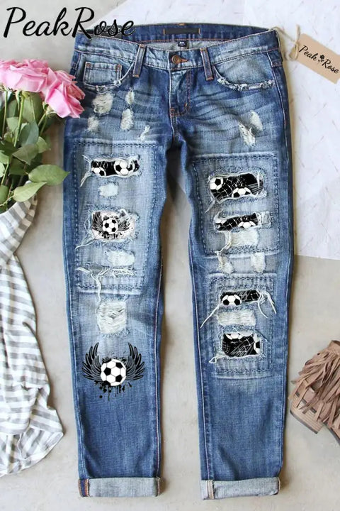 Soccer Wings Print Ripped Denim Jeans